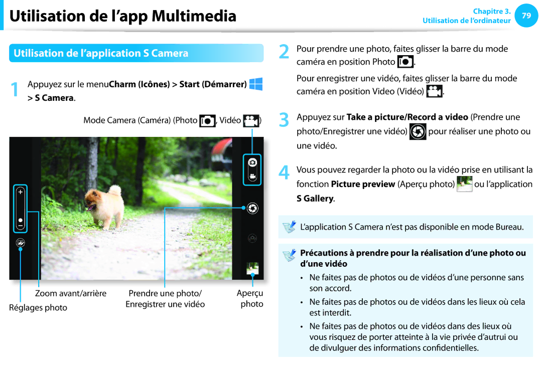 Samsung NP300E5A-S06FR, NP940X3G-K02FR manual Utilisation de l’application S Camera, Caméra en position Photo, Gallery 