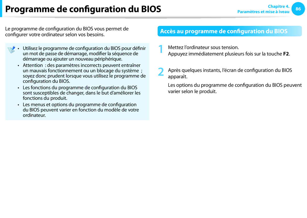 Samsung NP300E5C-T03FR, NP940X3G-K02FR Programme de configuration du Bios, Accès au programme de configuration du Bios 