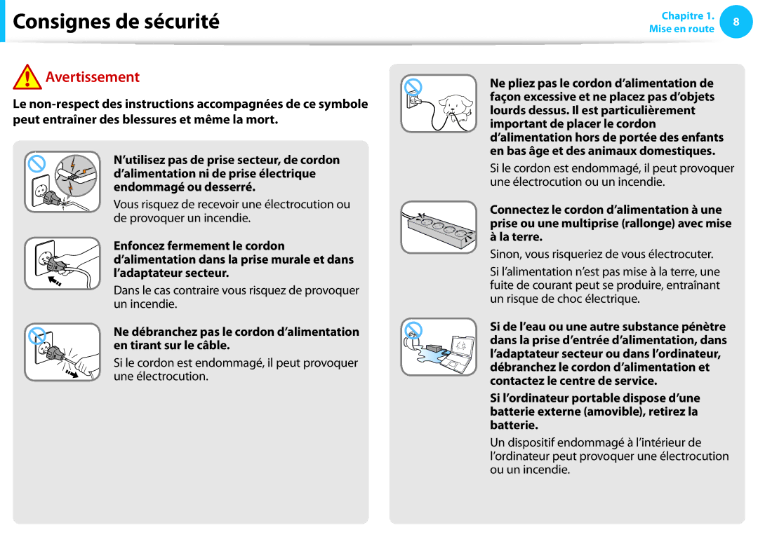 Samsung NP550P5C-T01FR, NP940X3G-K02FR, NP905S3G-K06FR manual Dans le cas contraire vous risquez de provoquer un incendie 