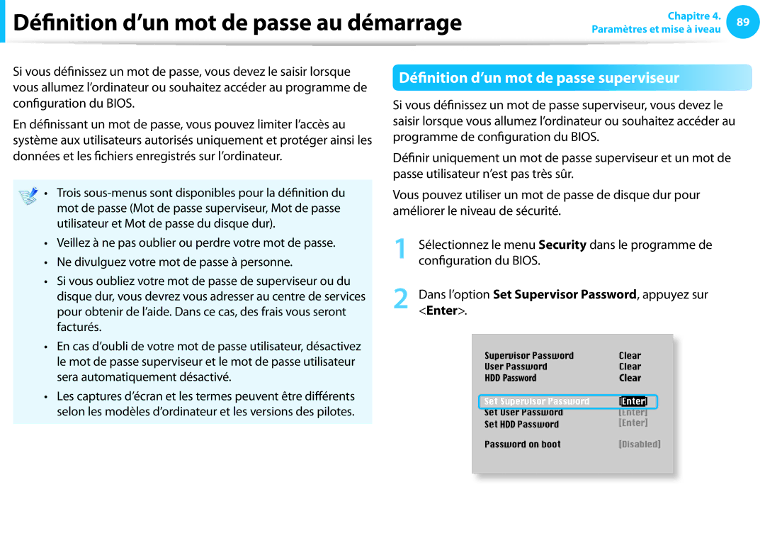 Samsung NP270E5G-K09FR manual Définition d’un mot de passe au démarrage, Définition d’un mot de passe superviseur, Enter 