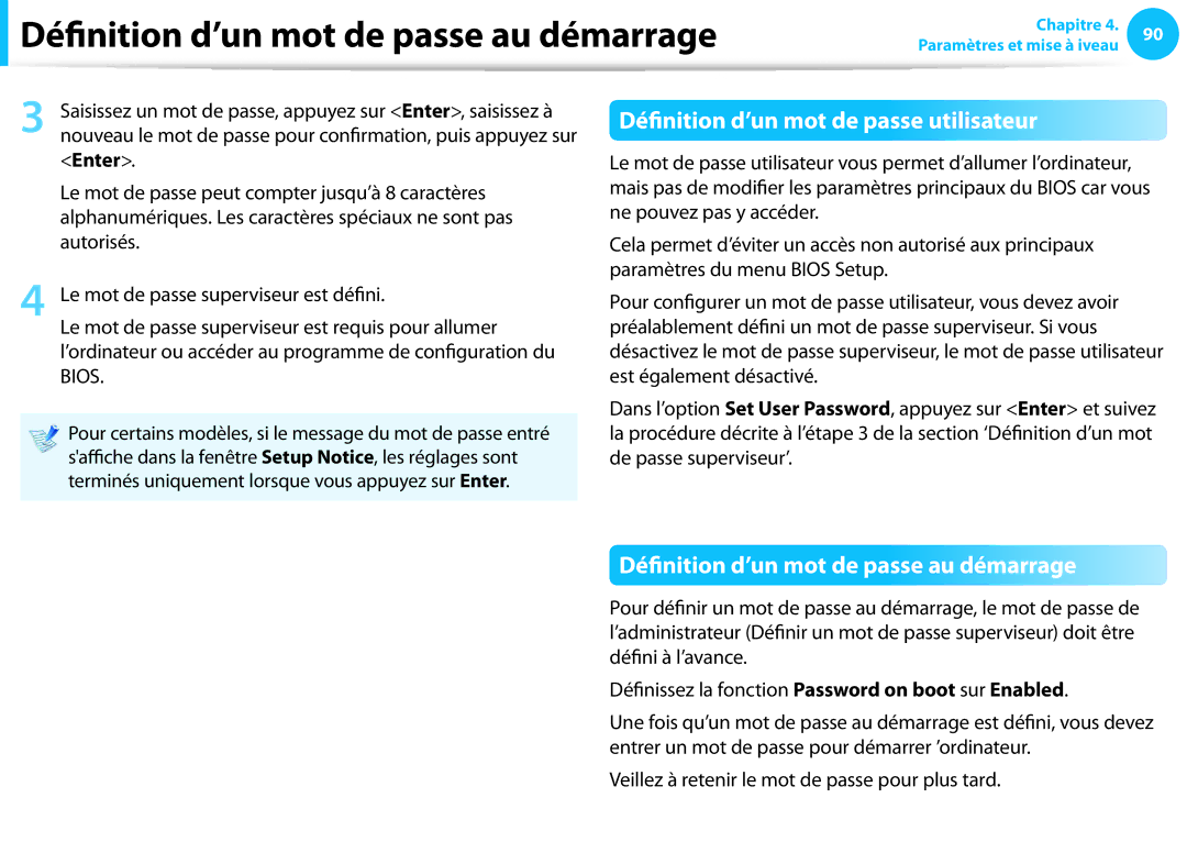 Samsung NP300E7A-A01FR, NP940X3G-K02FR Définition d’un mot de passe utilisateur, Définition d’un mot de passe au démarrage 