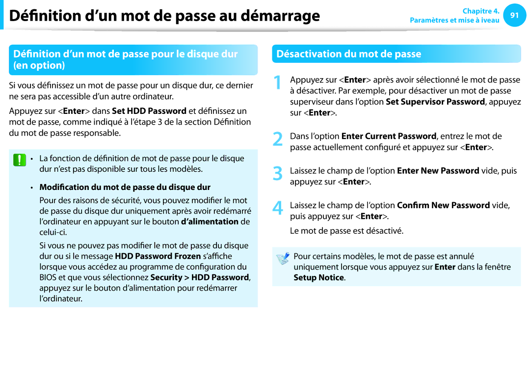 Samsung NP270E5E-K01FR manual Définition d’un mot de passe pour le disque dur en option, Désactivation du mot de passe 