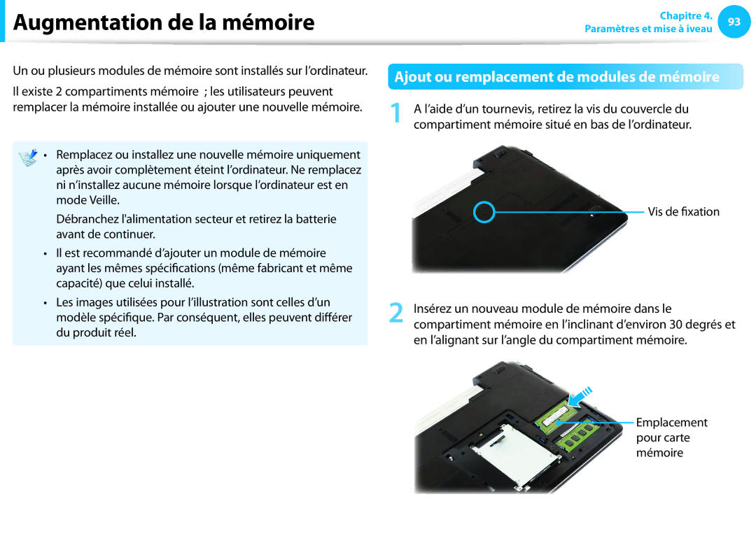 Samsung NP450R5G-X01FR, NP940X3G-K02FR manual Augmentation de la mémoire, Ajout ou remplacement de modules de mémoire 