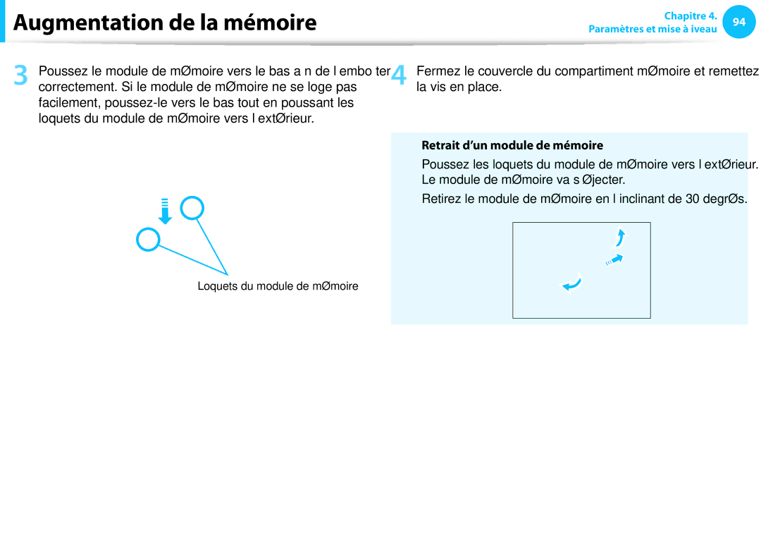 Samsung NP450R5E-X02FR manual Fermez le couvercle du compartiment mémoire et remettez, Retrait d’un module de mémoire 