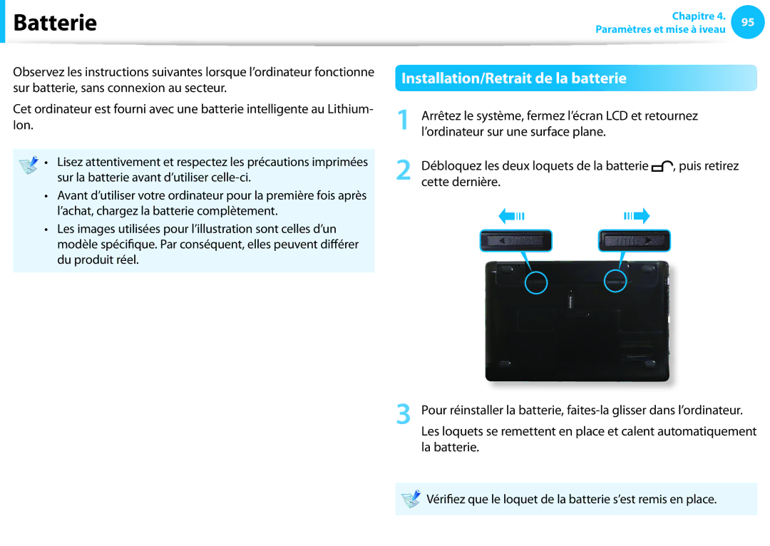 Samsung NP3530EC-A03FR Batterie, Installation/Retrait de la batterie, Arrêtez le système, fermez l’écran LCD et retournez 