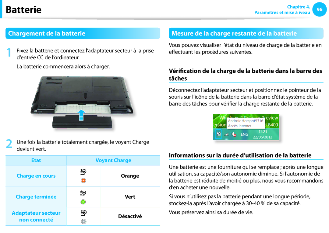 Samsung NP450R5E-K01FR, NP940X3G-K02FR manual Chargement de la batterie, Mesure de la charge restante de la batterie 