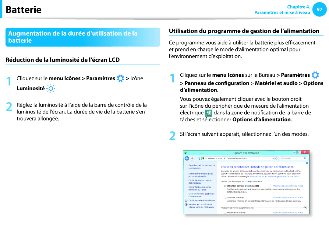 Samsung NP3530EC-T02FR Augmentation de la durée d’utilisation de la batterie, Réduction de la luminosité de l’écran LCD 