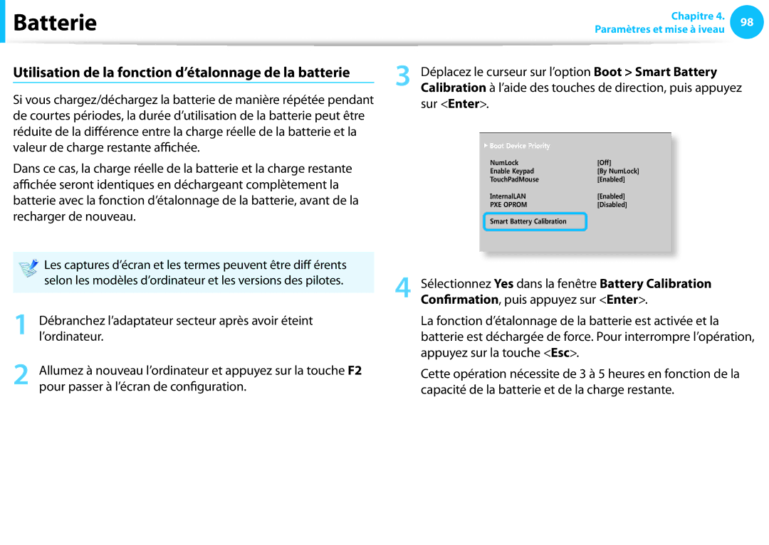 Samsung NP550P7C-T04FR, NP940X3G-K02FR, NP905S3G-K06FR Utilisation de la fonction d’étalonnage de la batterie, Sur Enter 
