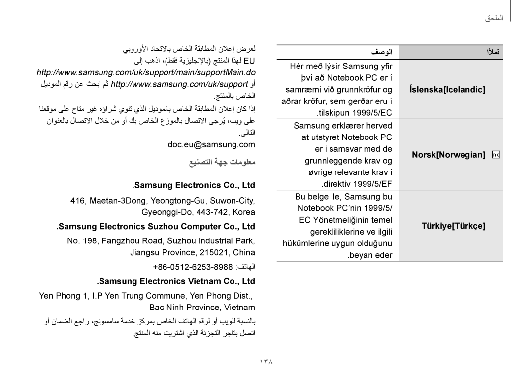 Samsung NP940X3G-K02SA manual عينصتلا ةهج تامولعم, 138 