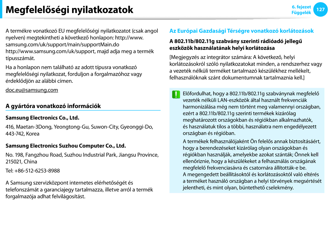 Samsung NP940X3G-K03CH manual Gyártóra vonatkozó információk, Az Európai Gazdasági Térségre vonatkozó korlátozások 