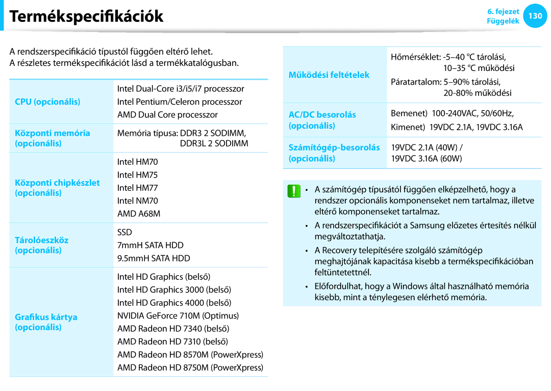 Samsung NP940X3G-K01SE, NP940X3G-K03DE, NP940X3G-K05AT, NP940X3G-K03CH, NP940X3G-K01CH, NP940X3G-K05CH Termékspecifikációk 