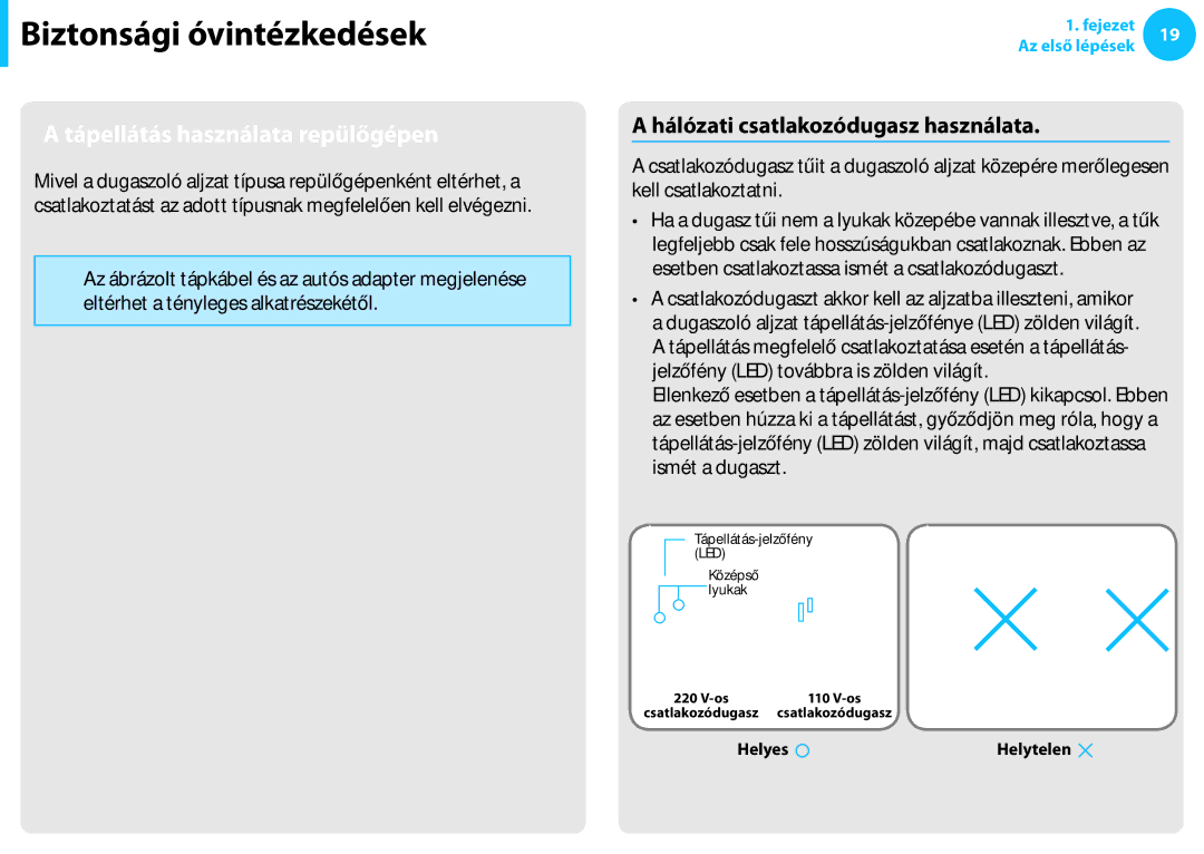 Samsung NP940X3G-K01HU, NP940X3G-K03DE manual Tápellátás használata repülőgépen, Hálózati csatlakozódugasz használata 