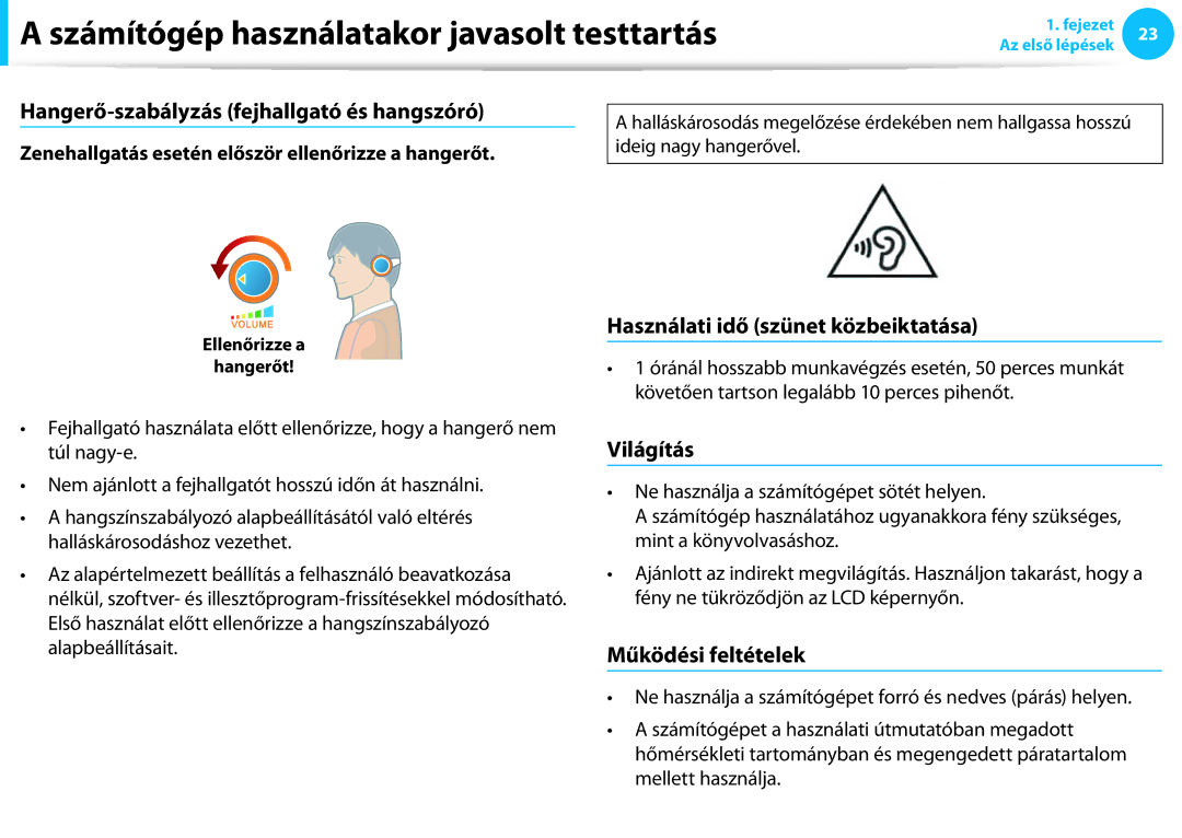 Samsung NP940X3G-K01CH manual Hangerő-szabályzás fejhallgató és hangszóró, Használati idő szünet közbeiktatása, Világítás 