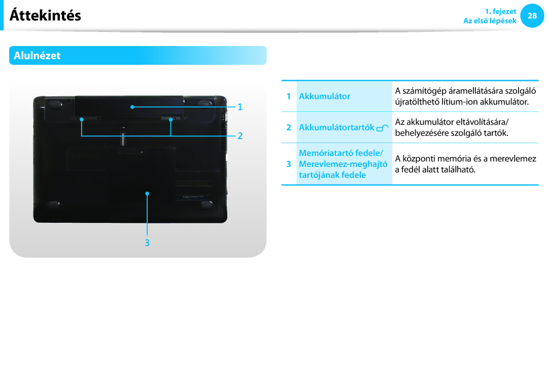 Samsung NP940X3G-K05AT, NP940X3G-K03DE, NP940X3G-K03CH manual Alulnézet, Akkumulátor, Újratölthető lítium-ion akkumulátor 