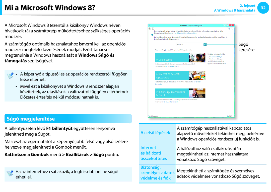 Samsung NP940X3G-K01SE Mi a Microsoft Windows 8?, Súgó megjelenítése, Kattintson a Gombok menü Beállítások Súgó pontra 