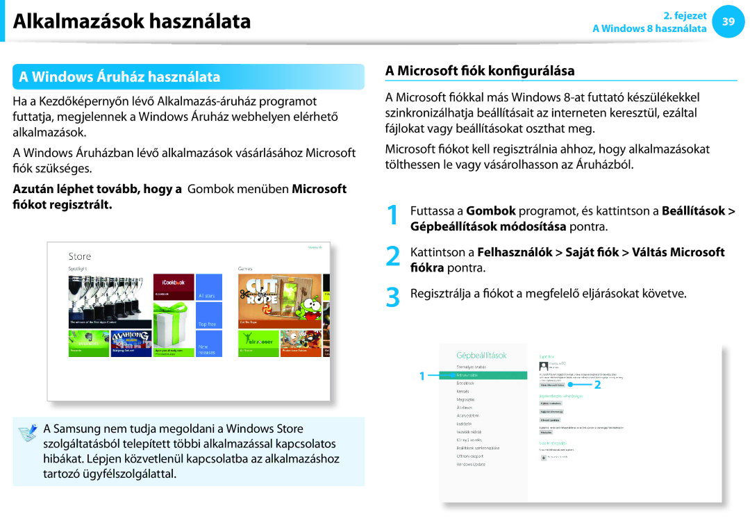 Samsung NP940X3G-K01SE manual Windows Áruház használata, Microsoft fiók konfigurálása, Gépbeállítások módosítása pontra 