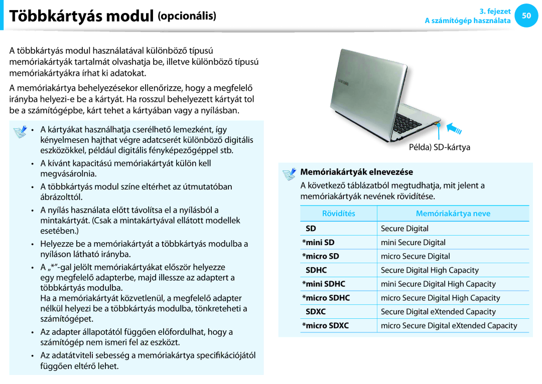 Samsung NP940X3G-K03CH, NP940X3G-K03DE manual Többkártyás modul opcionális, Példa SD-kártya, Memóriakártyák elnevezése 