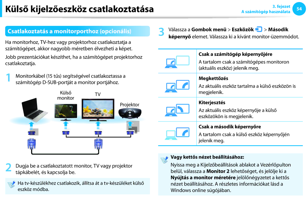 Samsung NP940X3G-K01HU, NP940X3G-K03DE, NP940X3G-K05AT, NP940X3G-K03CH manual Csatlakoztatás a monitorporthoz opcionális 