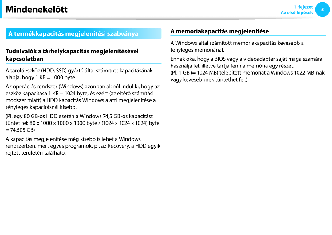 Samsung NP940X3G-K01HU, NP940X3G-K03DE manual Termékkapacitás megjelenítési szabványa, Memóriakapacitás megjelenítése 