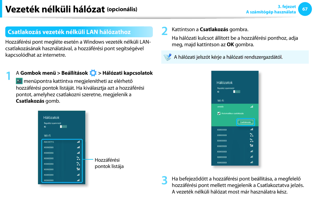 Samsung NP940X3G-K01SE manual Csatlakozás vezeték nélküli LAN hálózathoz, Menüpontra kattintva megjelenítheti az elérhető 