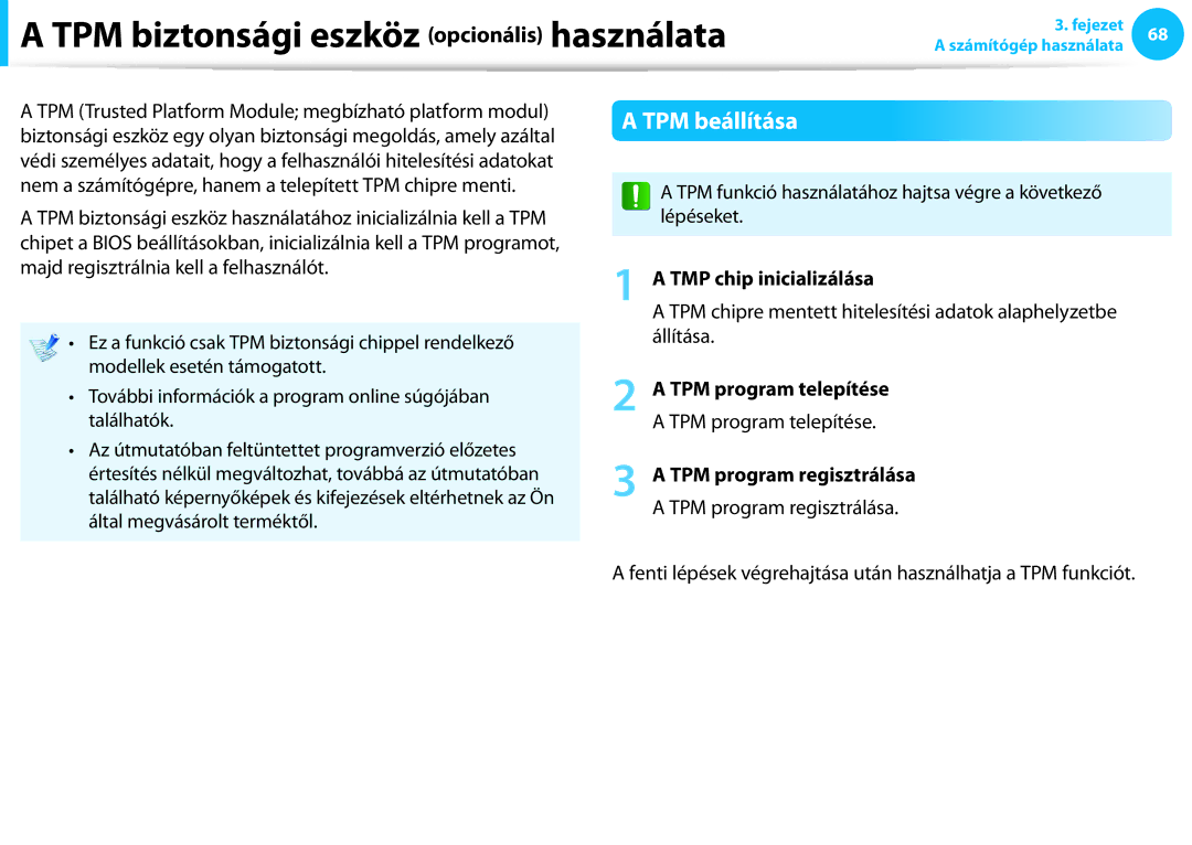 Samsung NP940X3G-K01HU manual TPM biztonsági eszköz opcionális használata, TPM beállítása, TMP chip inicializálása 