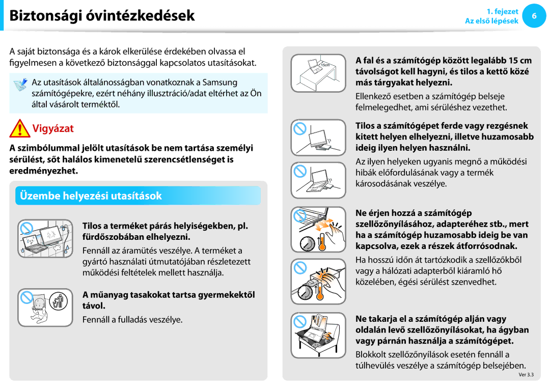 Samsung NP940X3G-K03DE Biztonsági óvintézkedések, Üzembe helyezési utasítások, Műanyag tasakokat tartsa gyermekektől távol 