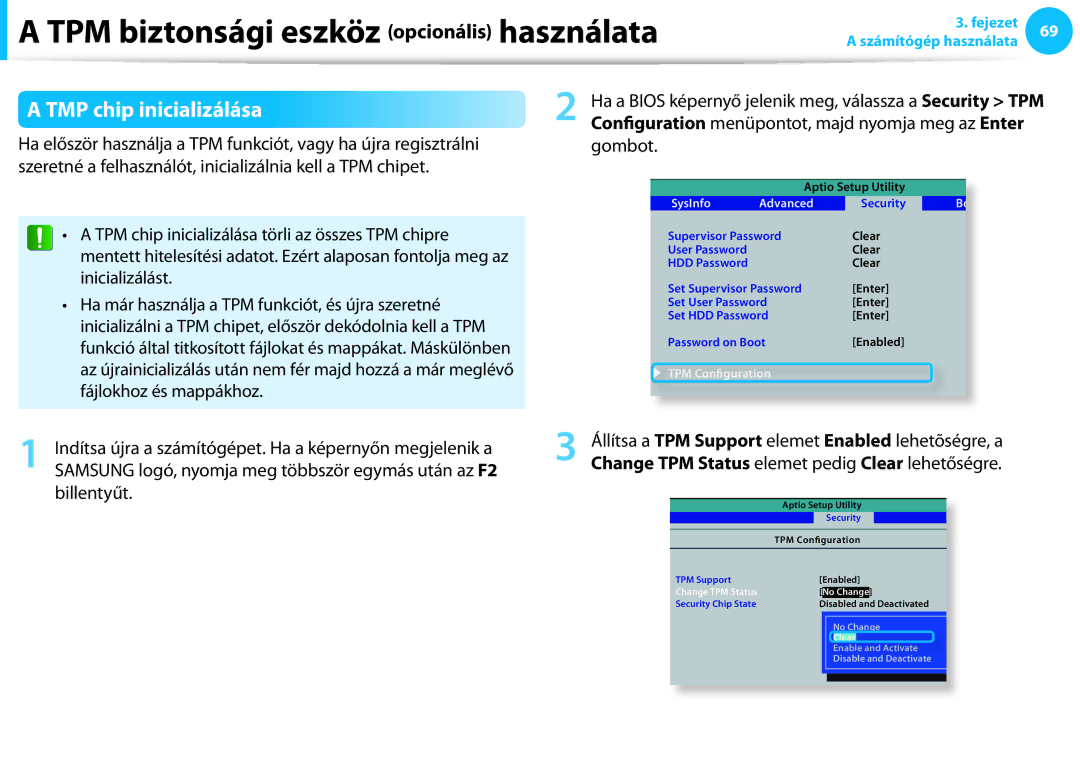 Samsung NP940X3G-K03DE manual TMP chip inicializálása, Configuration menüpontot, majd nyomja meg az Enter, Billentyűt 