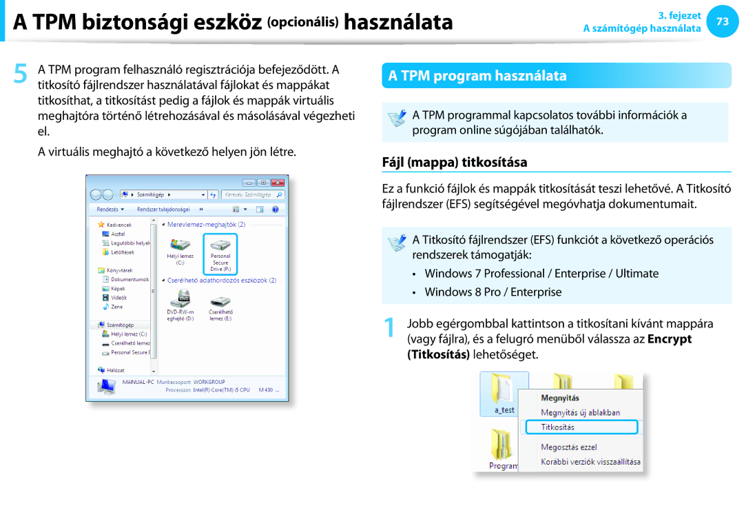 Samsung NP940X3G-K05CH, NP940X3G-K03DE manual TPM program használata, Fájl mappa titkosítása, Titkosítás lehetőséget 