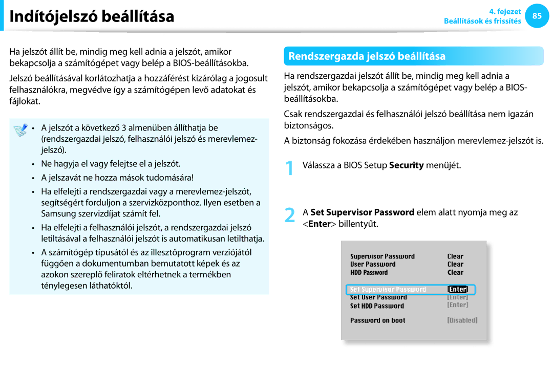 Samsung NP940X3G-K03CH Indítójelszó beállítása, Rendszergazda jelszó beállítása, Válassza a Bios Setup Security menüjét 