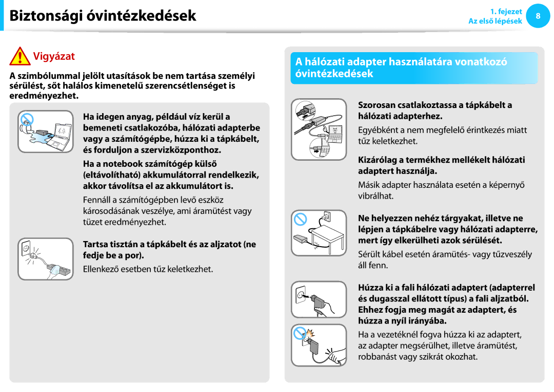 Samsung NP940X3G-K03CH, NP940X3G-K03DE, NP940X3G-K05AT manual Hálózati adapter használatára vonatkozó óvintézkedések 