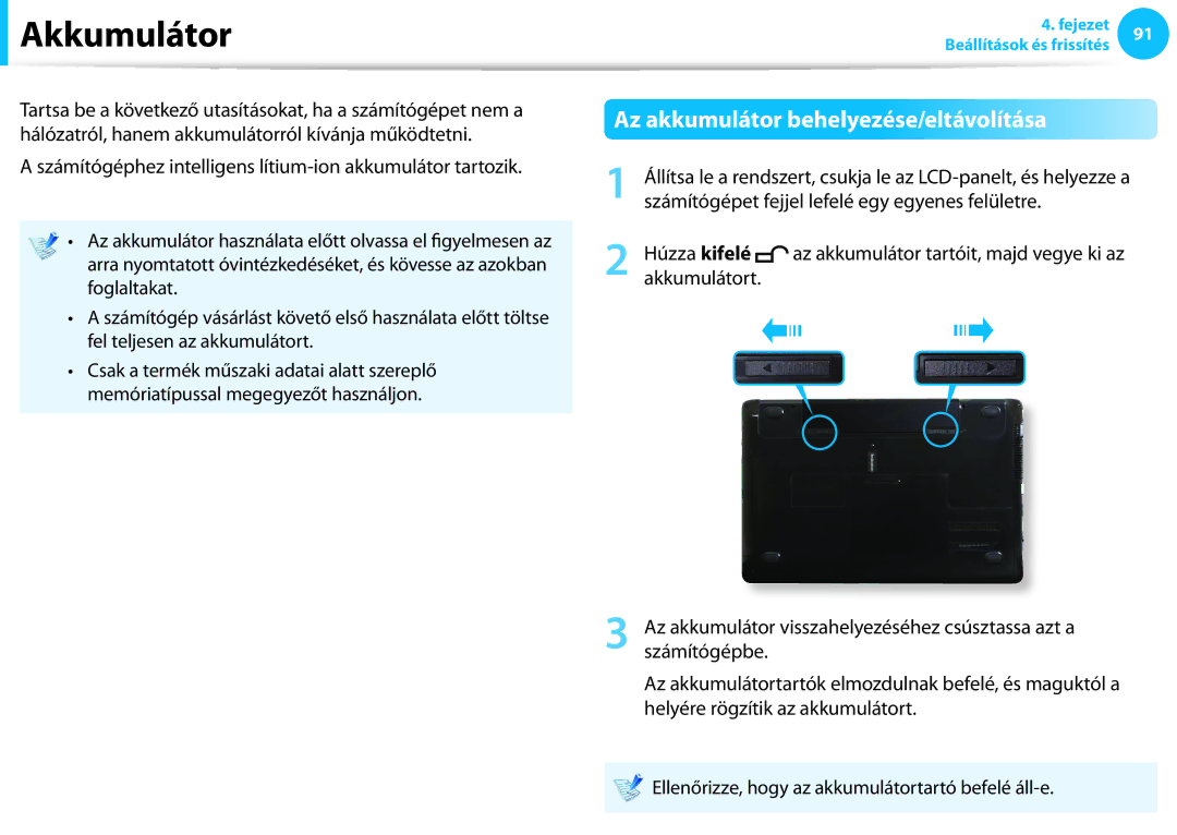 Samsung NP940X3G-K05AT, NP940X3G-K03DE manual Az akkumulátor behelyezése/eltávolítása, Húzza kifelé, Akkumulátort 