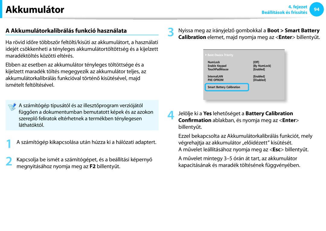 Samsung NP940X3G-K05CH, NP940X3G-K03DE, NP940X3G-K05AT, NP940X3G-K03CH manual Akkumulátorkalibrálás funkció használata 