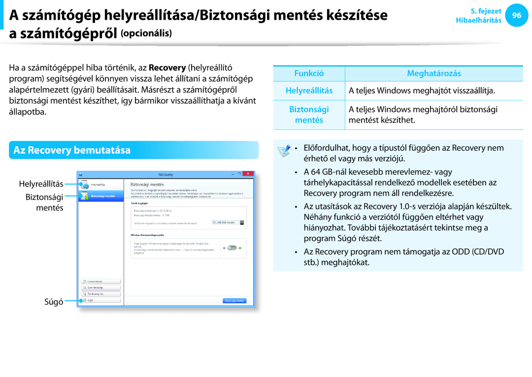 Samsung NP940X3G-K01HU manual Az Recovery bemutatása, Funkció Meghatározás, Teljes Windows meghajtót visszaállítja 