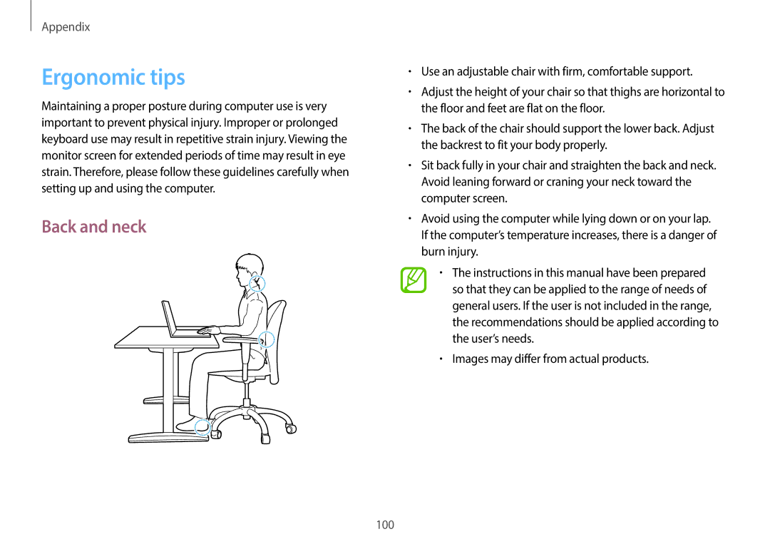 Samsung NP940X3G-K04US user manual Ergonomic tips, Back and neck, Images may differ from actual products 