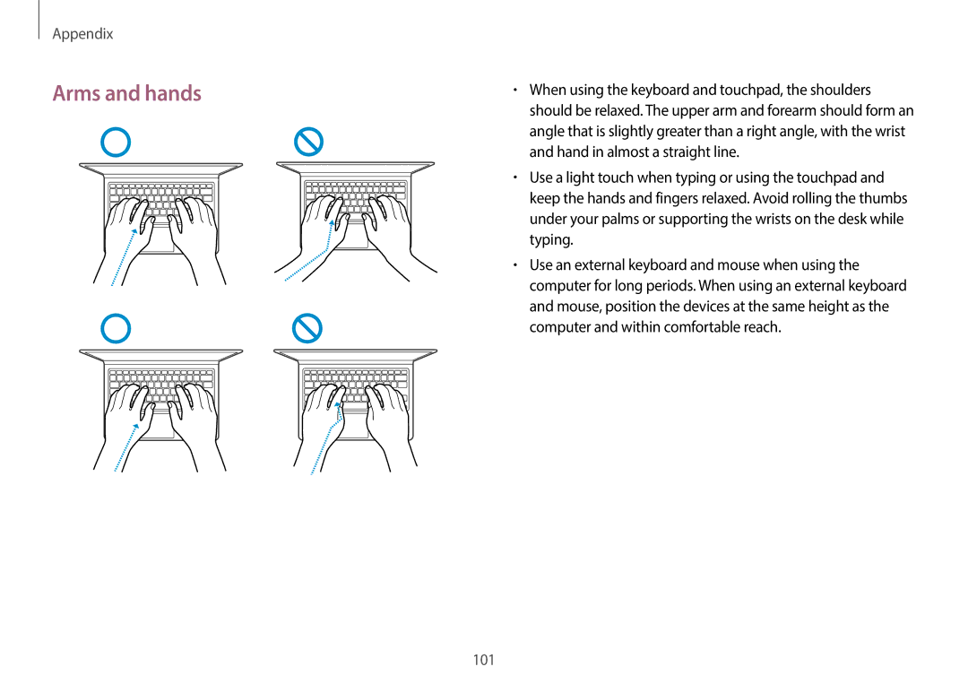 Samsung NP940X3G-K04US Arms and hands, Hand in almost a straight line, Typing, Computer and within comfortable reach 