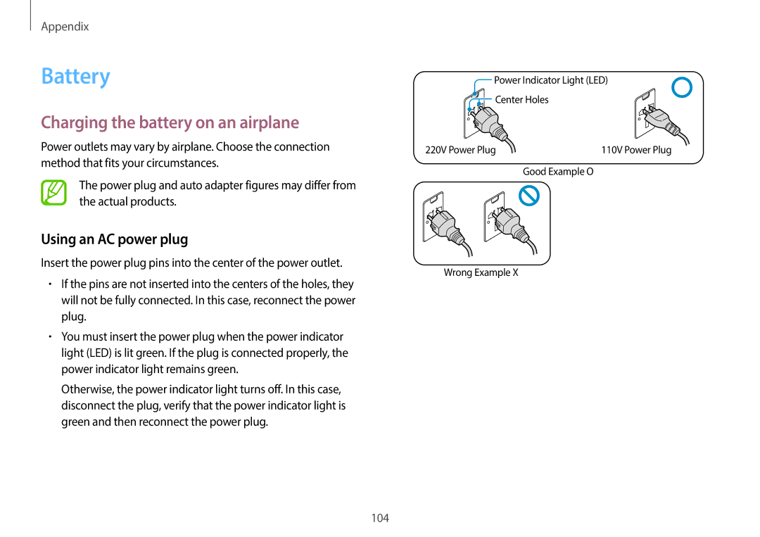 Samsung NP940X3G-K04US user manual Battery, Charging the battery on an airplane, Using an AC power plug 