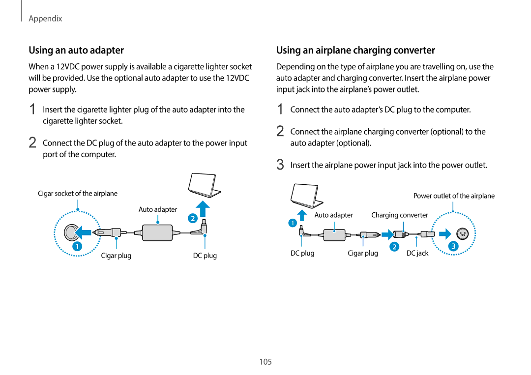 Samsung NP940X3G-K04US user manual Using an auto adapter, Using an airplane charging converter, Cigarette lighter socket 