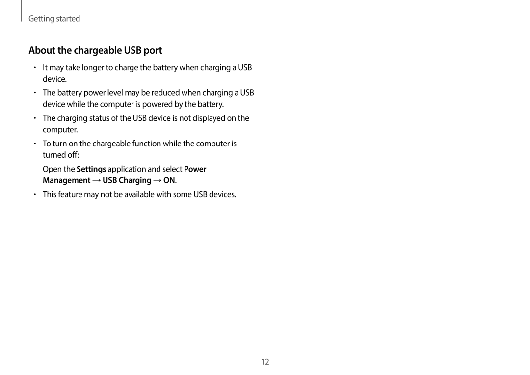 Samsung NP940X3G-K04US user manual About the chargeable USB port, This feature may not be available with some USB devices 