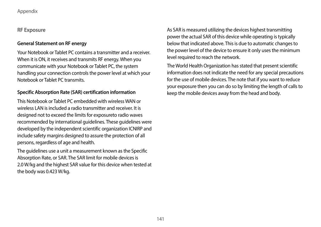 Samsung NP940X3G-K04US user manual General Statement on RF energy, Specific Absorption Rate SAR certification information 