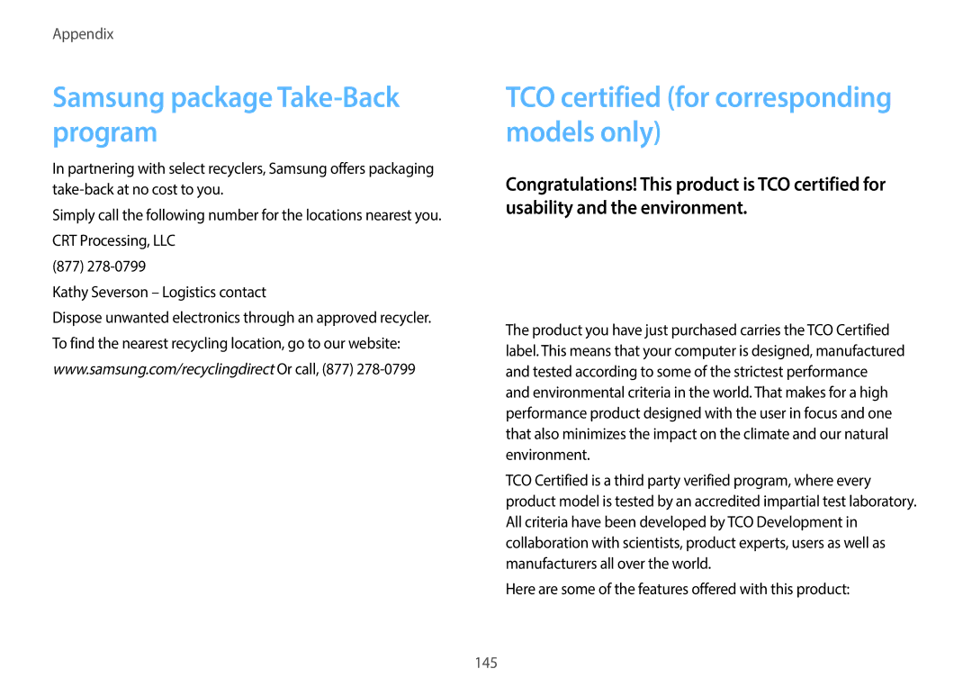 Samsung NP940X3G-K04US Samsung package Take-Back program, Here are some of the features offered with this product 