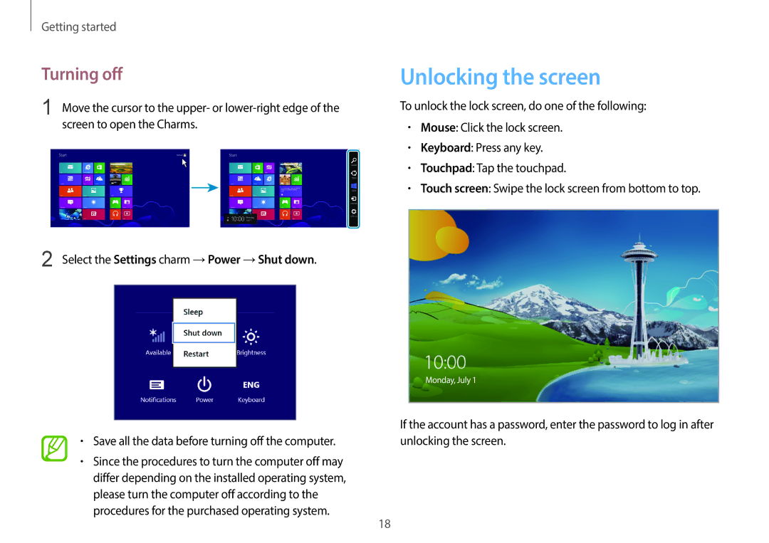 Samsung NP940X3G-K04US user manual Turning off, Select the Settings charm →Power →Shut down 