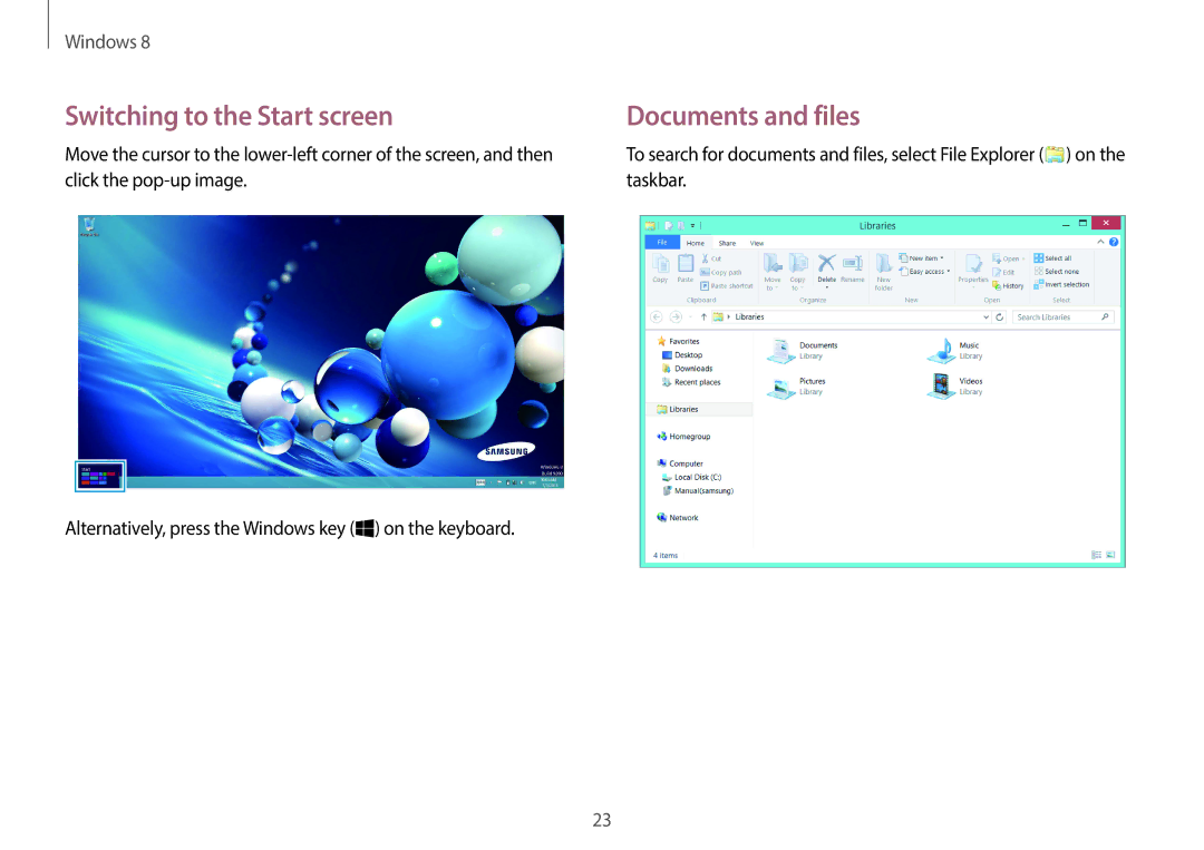 Samsung NP940X3G-K04US user manual Switching to the Start screen, Documents and files 