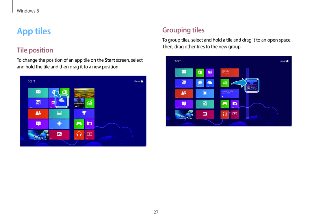 Samsung NP940X3G-K04US user manual App tiles, Tile position, Grouping tiles 