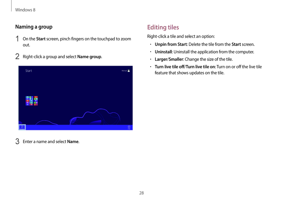 Samsung NP940X3G-K04US user manual Editing tiles, Naming a group, Out, Right-click a group and select Name group 