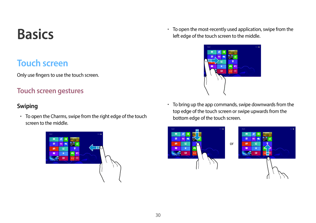 Samsung NP940X3G-K04US user manual Touch screen gestures, Swiping, Only use fingers to use the touch screen 