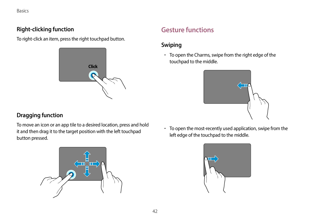 Samsung NP940X3G-K04US user manual Gesture functions, Right-clicking function, Dragging function 