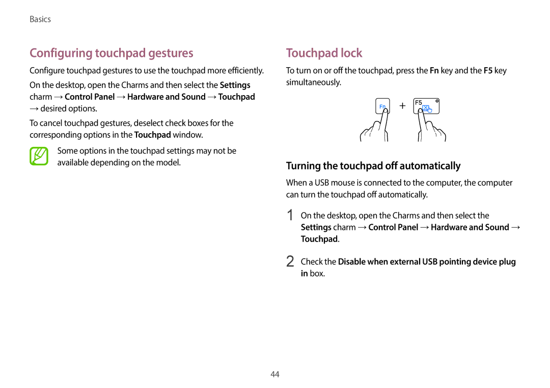 Samsung NP940X3G-K04US Configuring touchpad gestures, Touchpad lock, Turning the touchpad off automatically, Box 