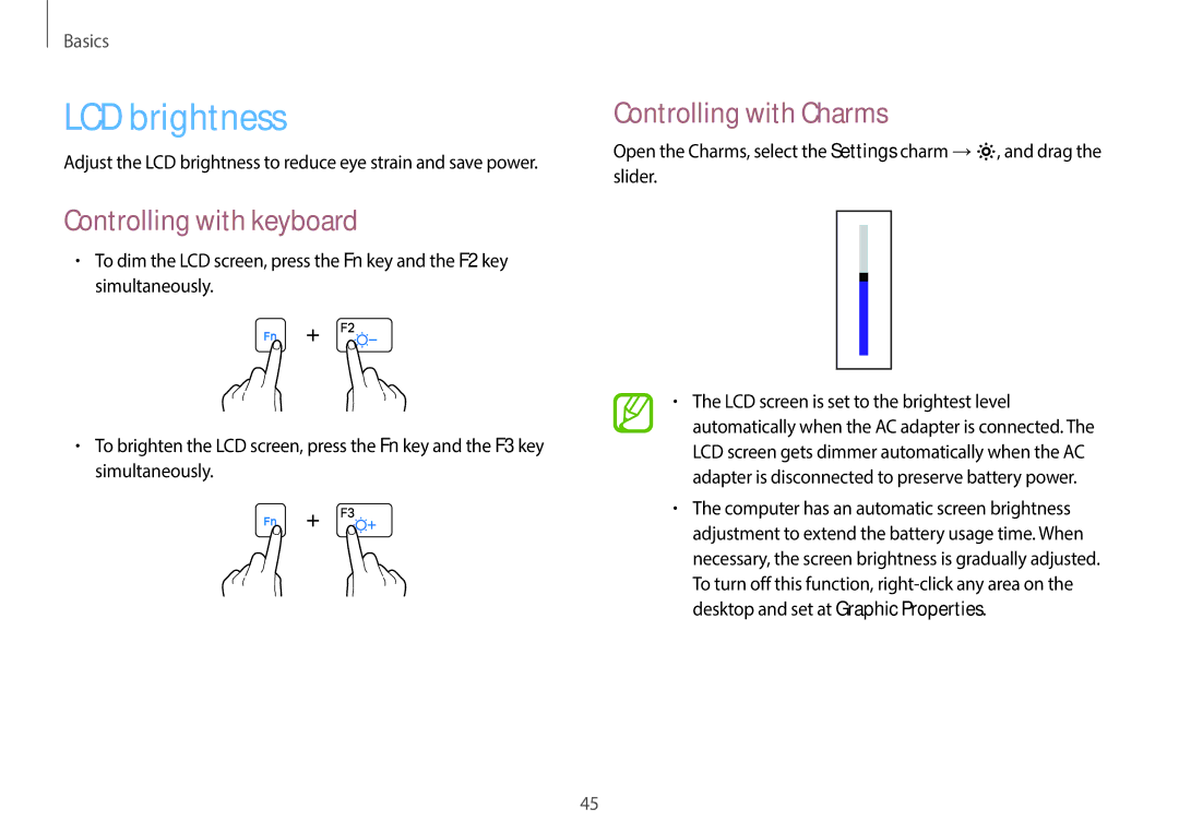 Samsung NP940X3G-K04US user manual LCD brightness, Controlling with keyboard, Controlling with Charms 