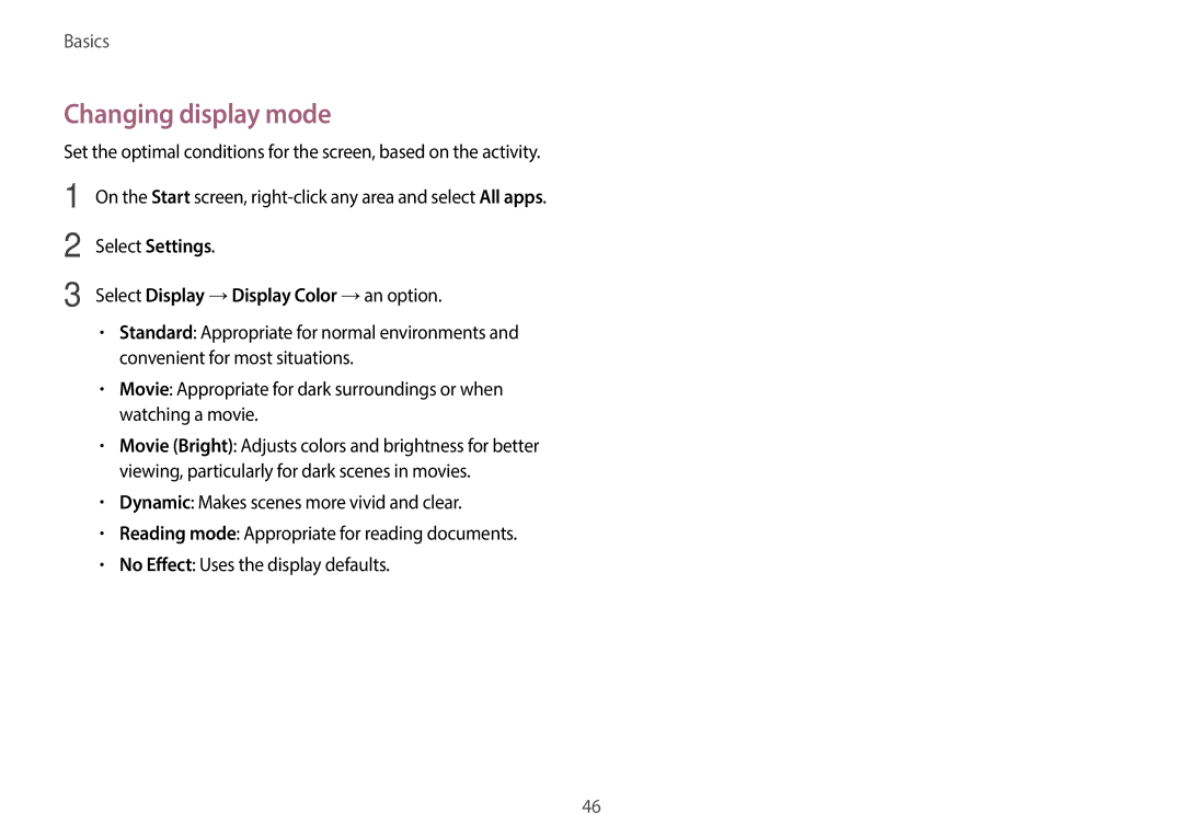 Samsung NP940X3G-K04US user manual Changing display mode, Select Display →Display Color →an option 