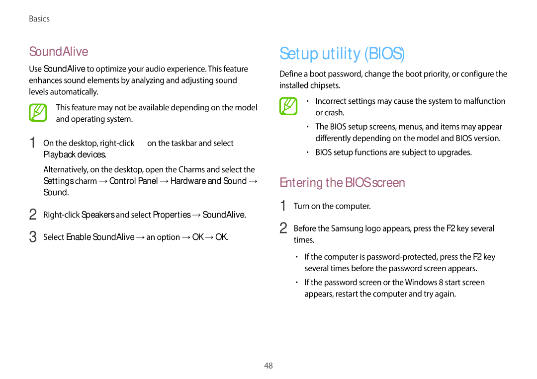 Samsung NP940X3G-K04US user manual Setup utility Bios, SoundAlive, Entering the Bios screen 